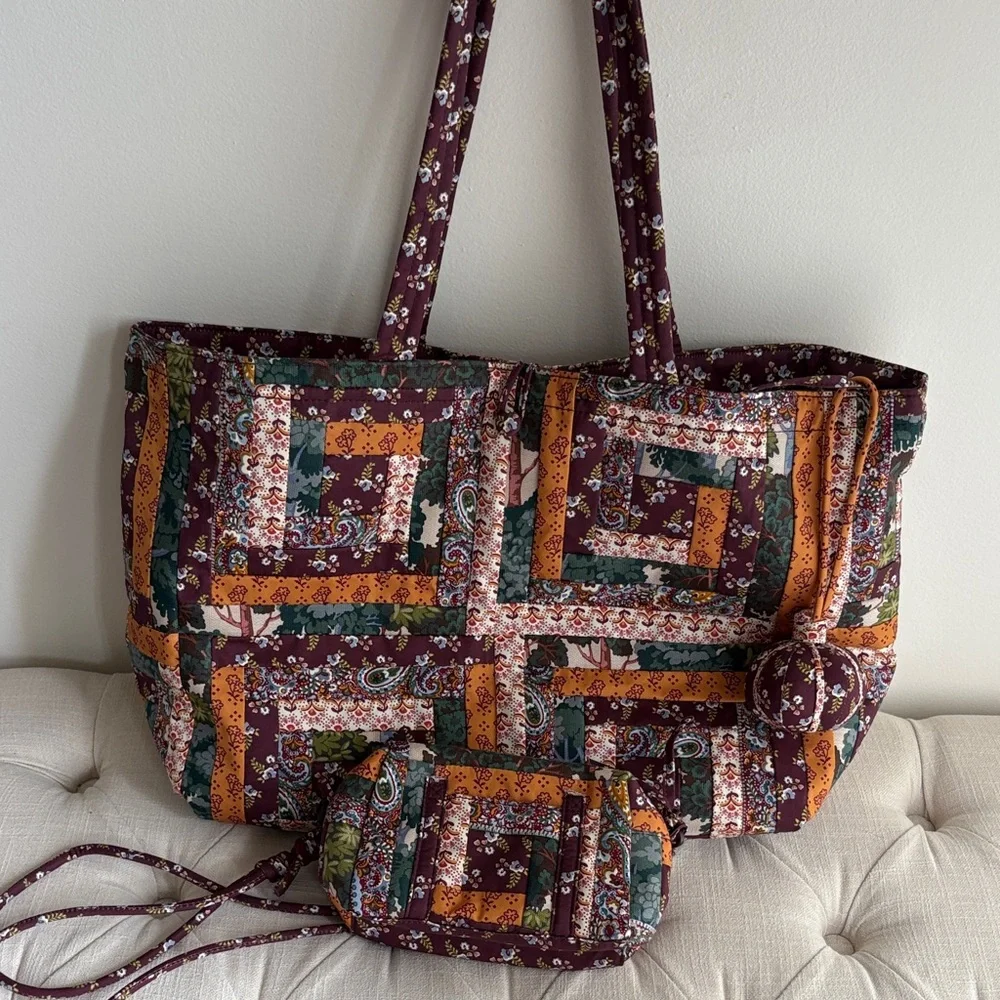 Quilted Patchwork Tote and Crossbody Bag Set - burgundy autumn colors